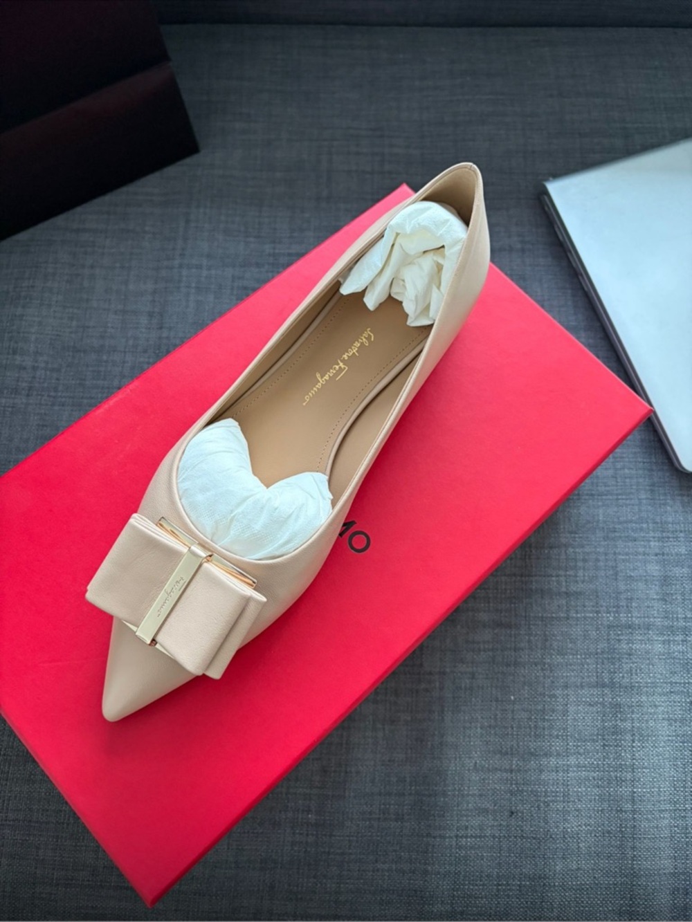 Salvatore Ferragamo Blush Beige Bow Pointed Toe Flat